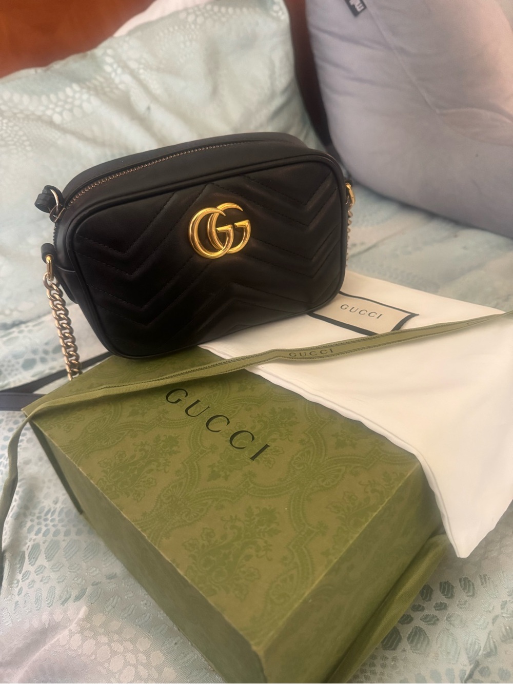 Gucci Black Quilted GG Marmont Small Crossbody Bag with Gold Hardware